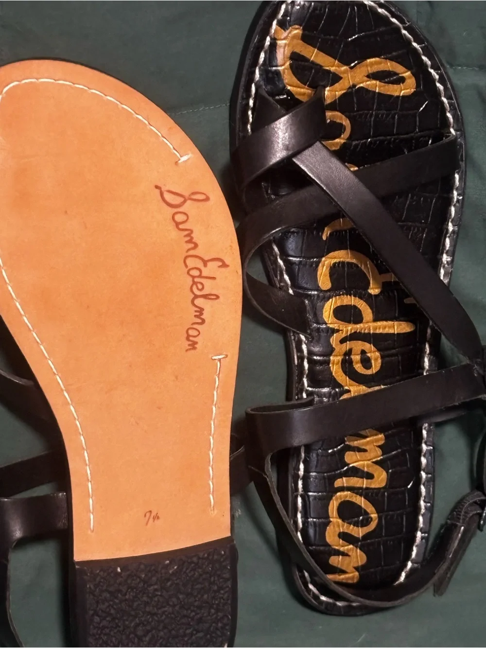 Sam Edelman Black Strappy Leather Sandals with Gold Script - Picture 3 of 4